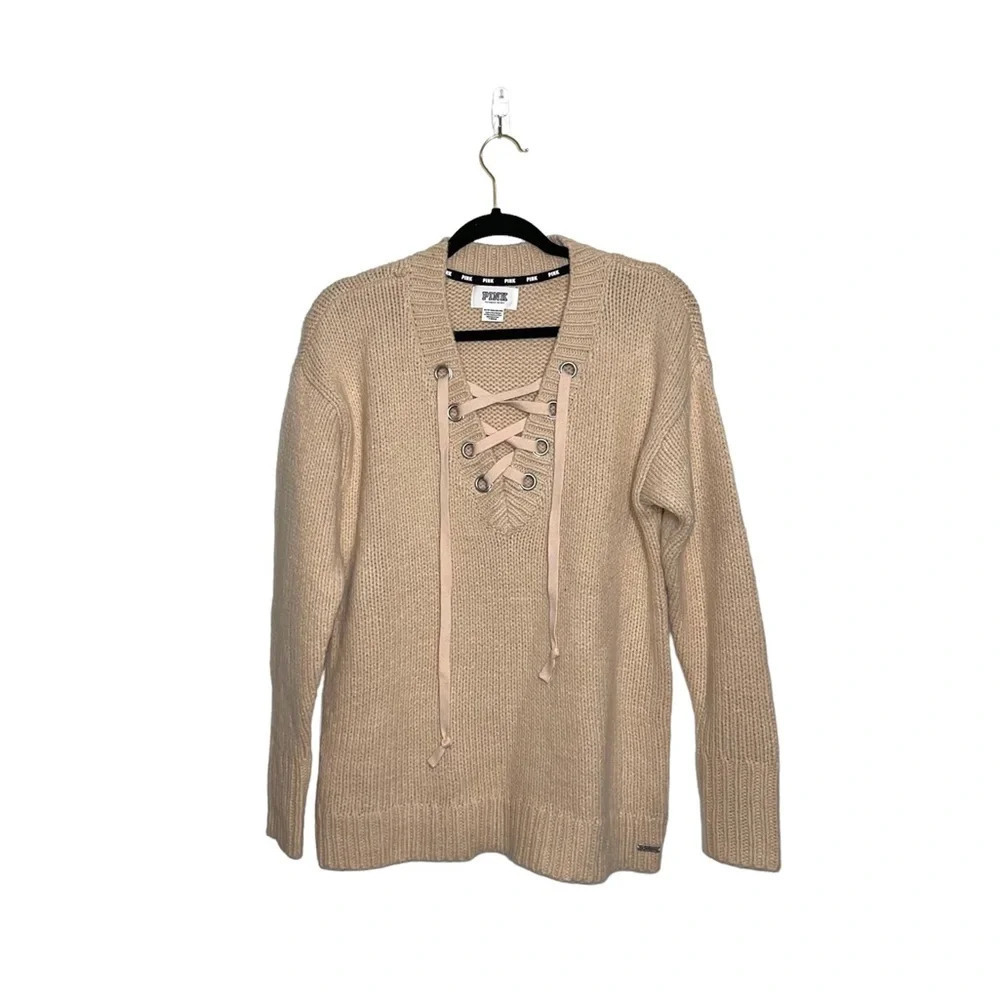 PINK Victoria’s Secret Knit Oversized Sweater Cream Lace-up Neck Xsmall Women’s